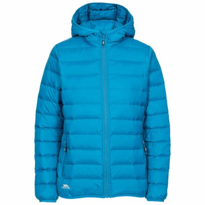 Trespass Womens Down Jacket with Hood Amma in Cosmic Blue, Front view on mannequin