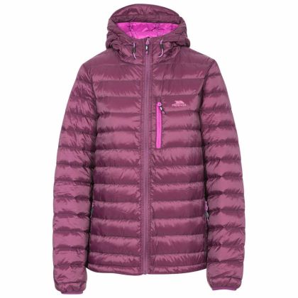 Arabel Women's Hooded Down Packaway Jacket in Purple, Front view on mannequin