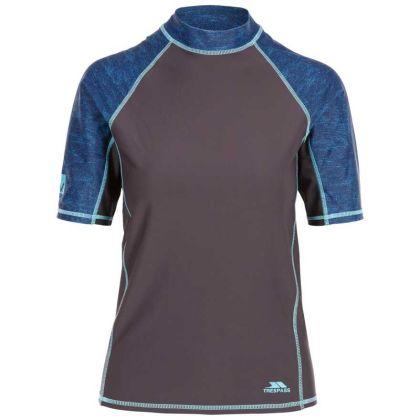 Trespass Women's Short Sleeve UV Rash Guard Calista Grey, Front view on mannequin