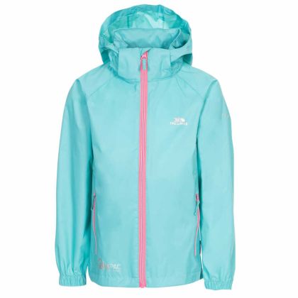Trespass Kids Waterproof Packaway Jacket Zip Hood Qikpac X Aquamarine, Front view on mannequin