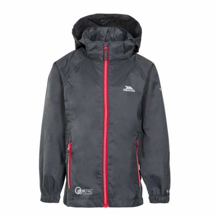 Trespass Kids Waterproof Packaway Jacket Zip Hood Qikpac X Grey, Front view on mannequin