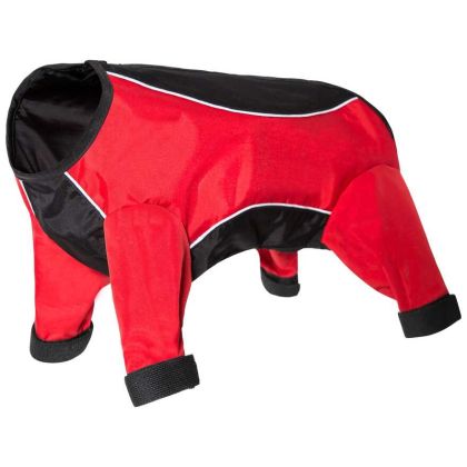 Trespaws Tia Dog Coat With Leg Covers Windproof Black Red in Black, Front view on mannequin