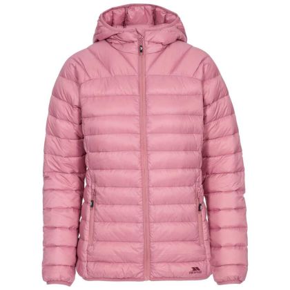 Trisha Women's Down Packaway Jacket in Pink, Front view on mannequin