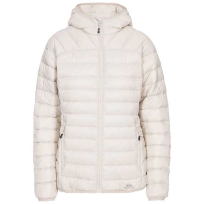 Trisha Women's Down Packaway Jacket in Tan, Front view on mannequin