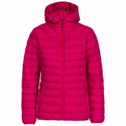 Trisha Women's Down Packaway Jacket in Pink, Front view on mannequin
