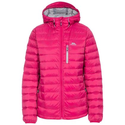 Arabel Women's Hooded Down Packaway Jacket in Pink, Front view on mannequin