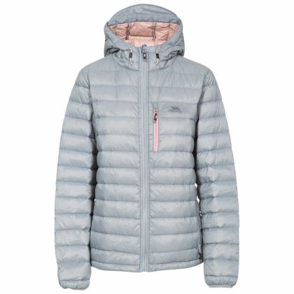Trespass Womens Down Packaway Jacket with Hood Arabel Grey, Front view on mannequin