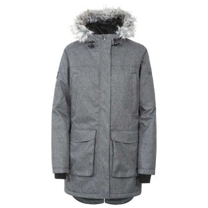 Thundery Women's Waterproof Parka Jacket in Grey, Front view on mannequin
