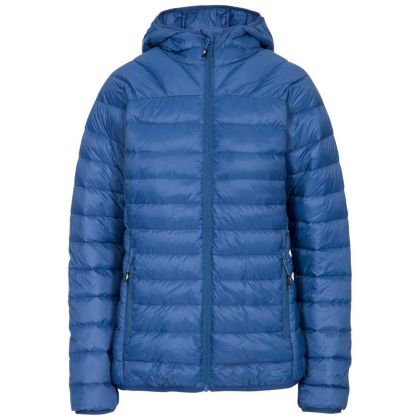 Trisha Women's Down Packaway Jacket in Blue, Front view on mannequin