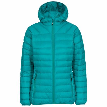 Trisha Women's Down Packaway Jacket in Green, Front view on mannequin