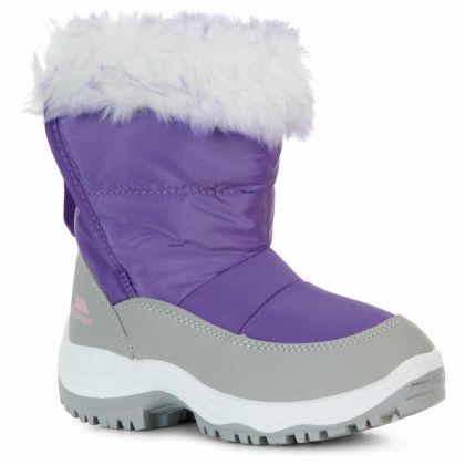 Trespass Kids Snow Boots Water Resistant Insulated Arabella Purple, Angled view of footwear