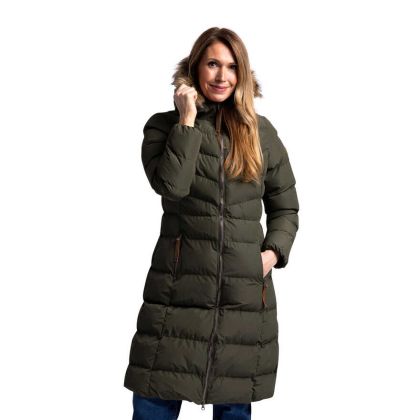 Audrey X Women's Long Length Padded Jacket in Dark Vine, Front view on mannequin
