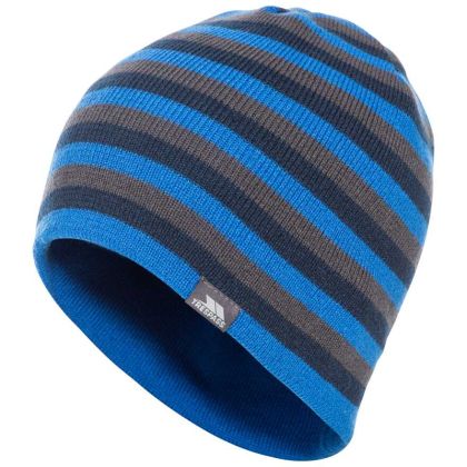 Trespass Adults Beanie Hat Striped Lightweight Coaker Blue, Hat at angled view