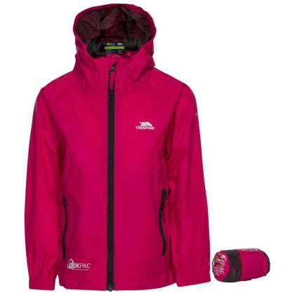 Qikpac Kids' Waterproof Packaway Jacket in Pink, Front view on mannequin