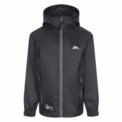 Trespass Kids Waterproof Packaway Jacket Zip Hood Qikpac X Black, Front view on mannequin