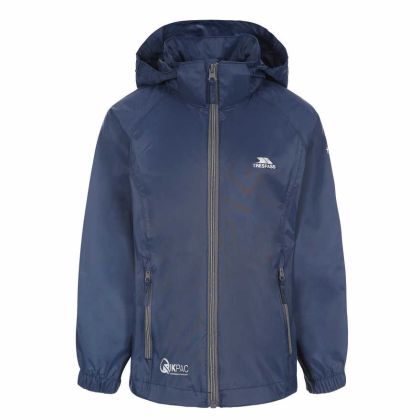 Trespass Kids Waterproof Packaway Jacket Zip Hood Qikpac X Navy, Front view on mannequin