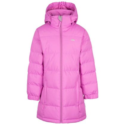 Trespass Girls Padded Jacket with Hood Tiffy Deep Pink, Front view on mannequin