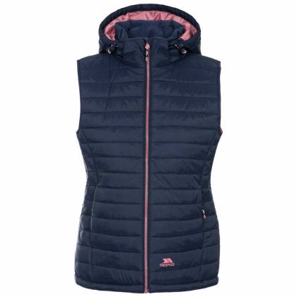 Trespass Womens Hooded Padded Gilet Aretha Navy Dusty Rose, Front view on mannequin