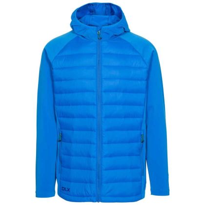 Cade Men's DLX Hooded Down Jacket in Blue, Front view on mannequin