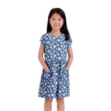Kids Short Sleeve Dress Floral Print Happiness in Bluetone