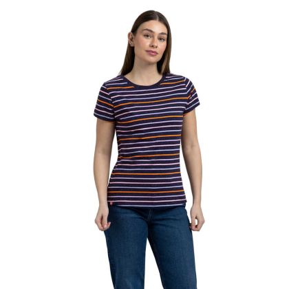 Womens Round Neck Casual Top Michaela in Navy Multi Stripe, Front view on mannequin