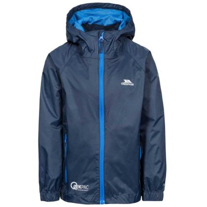 Qikpac Kids' Waterproof Packaway Jacket in Navy, Front view on mannequin
