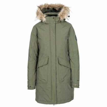 Bettany Women's DLX Waterproof Down Parka Jacket in Green, Front view on mannequin