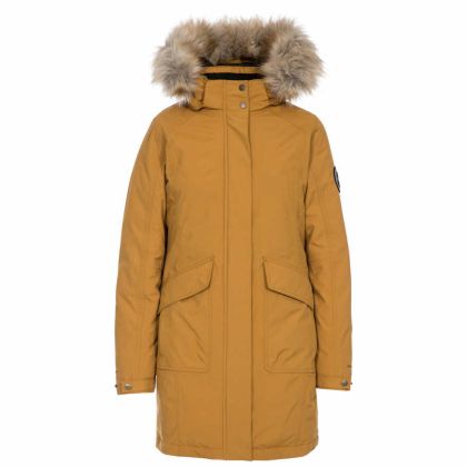 Bettany Women's DLX Waterproof Down Parka Jacket in Sandstone, Front view on mannequin