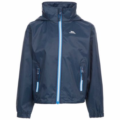 Trespass Kids Waterproof Jacket with Hood Breathable Briar Navy, Front view on mannequin
