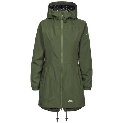 Trespass Womens Waterproof Jacket Long Length Daytrip Moss, Front view on mannequin
