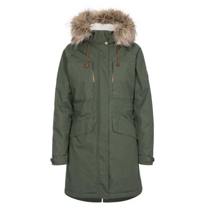 Faithful Women's Waterproof Parka Jacket in Green, Front view on mannequin