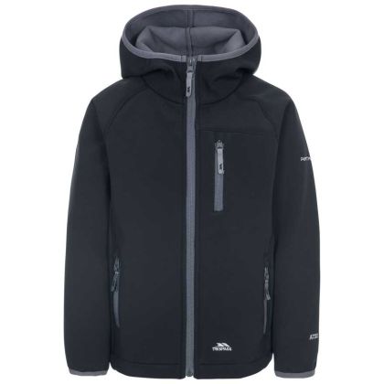 Kian Kids’ Softshell Jacket in Black, Front view on mannequin